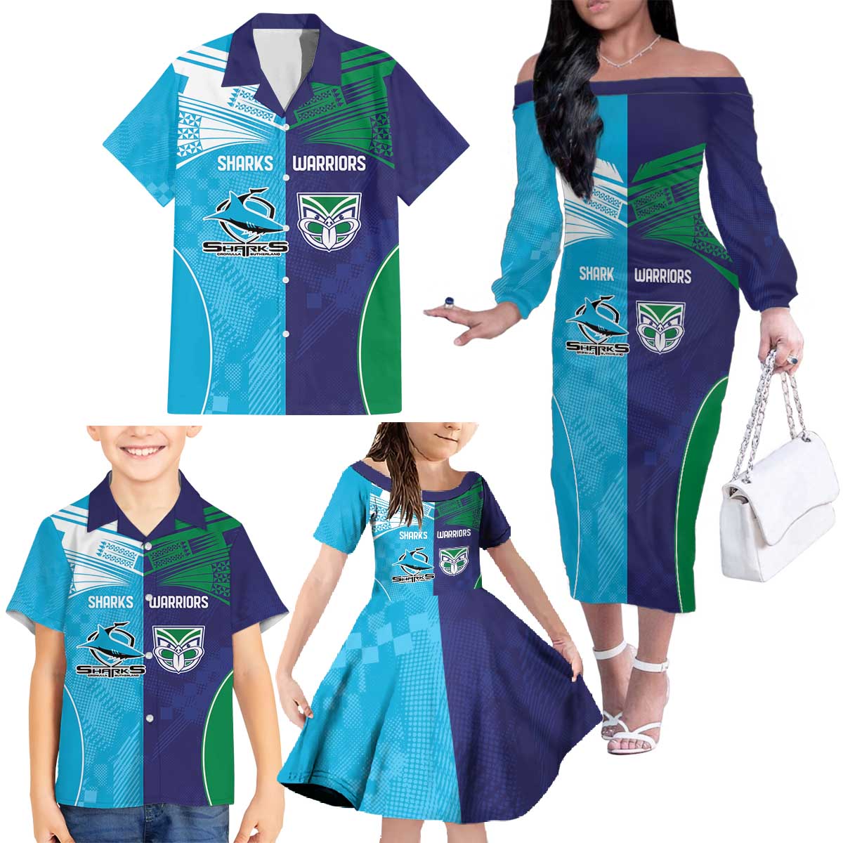 Custom Warriors-Shark Family Matching Off The Shoulder Long Sleeve Dress and Hawaiian Shirt Together Sporty Style