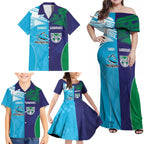 Custom Warriors-Shark Family Matching Off Shoulder Maxi Dress and Hawaiian Shirt Together Sporty Style