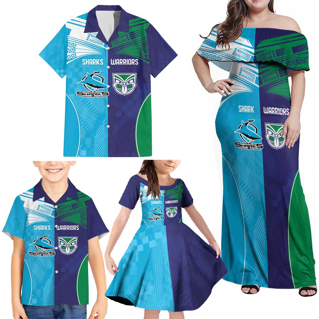 Custom Warriors-Shark Family Matching Off Shoulder Maxi Dress and Hawaiian Shirt Together Sporty Style