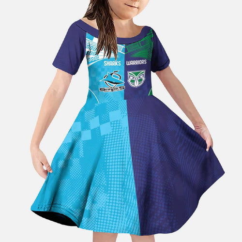 Custom Warriors-Shark Family Matching Off Shoulder Maxi Dress and Hawaiian Shirt Together Sporty Style