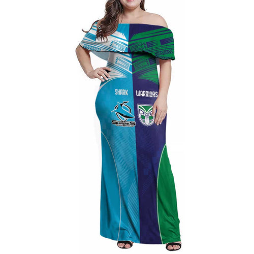 Custom Warriors-Shark Family Matching Off Shoulder Maxi Dress and Hawaiian Shirt Together Sporty Style