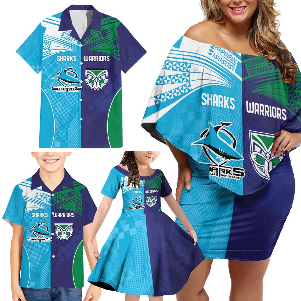 Custom Warriors-Shark Family Matching Off Shoulder Short Dress and Hawaiian Shirt Together Sporty Style