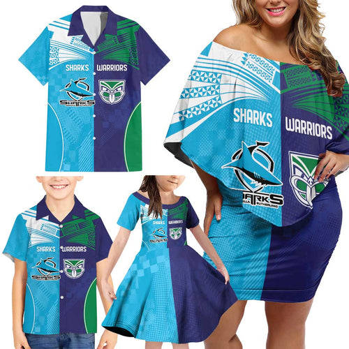 Custom Warriors-Shark Family Matching Off Shoulder Short Dress and Hawaiian Shirt Together Sporty Style