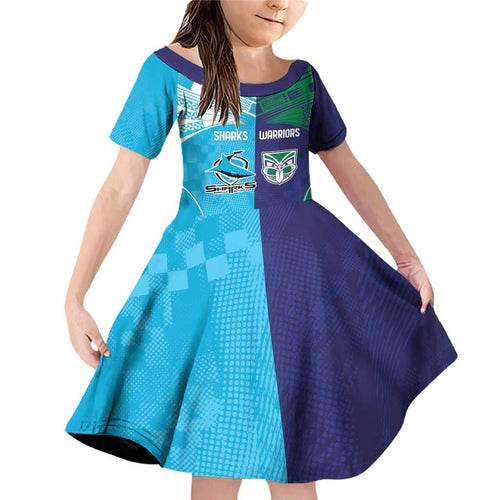 Custom Warriors-Shark Family Matching Off Shoulder Short Dress and Hawaiian Shirt Together Sporty Style