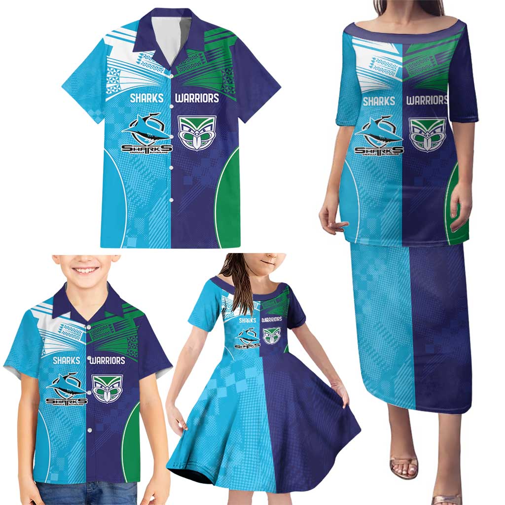 Custom Warriors-Shark Family Matching Puletasi and Hawaiian Shirt Together Sporty Style