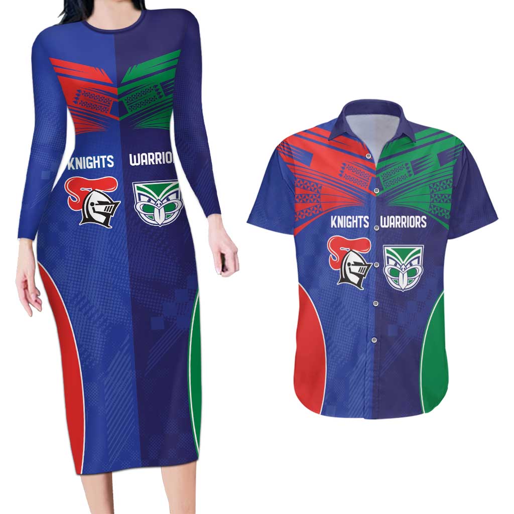 Custom Warriors-Knights Couples Matching Long Sleeve Bodycon Dress and Hawaiian Shirt Together Sporty Style