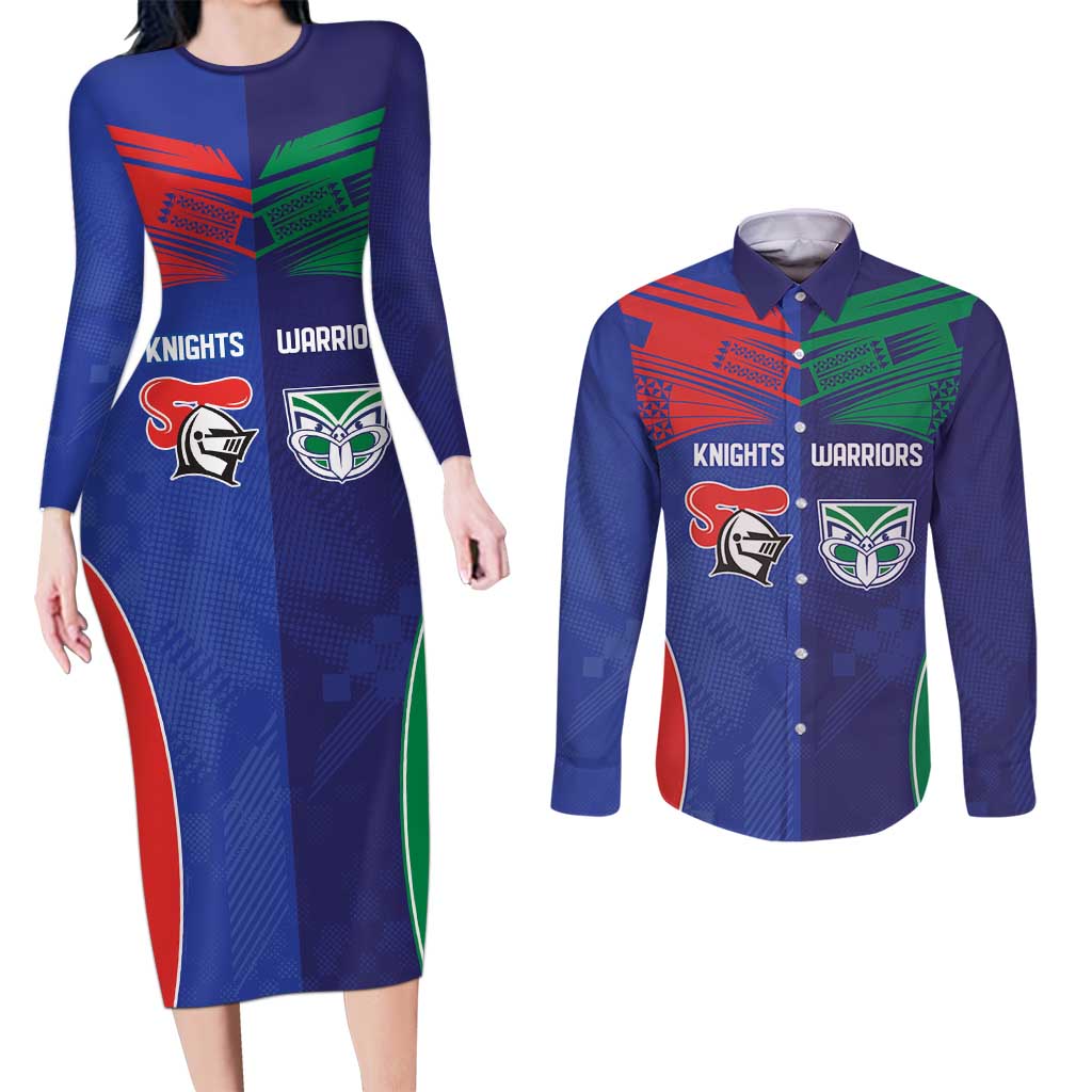 Custom Warriors-Knights Couples Matching Long Sleeve Bodycon Dress and Long Sleeve Button Shirt Together Sporty Style