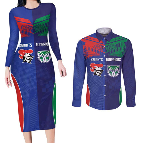 Custom Warriors-Knights Couples Matching Long Sleeve Bodycon Dress and Long Sleeve Button Shirt Together Sporty Style