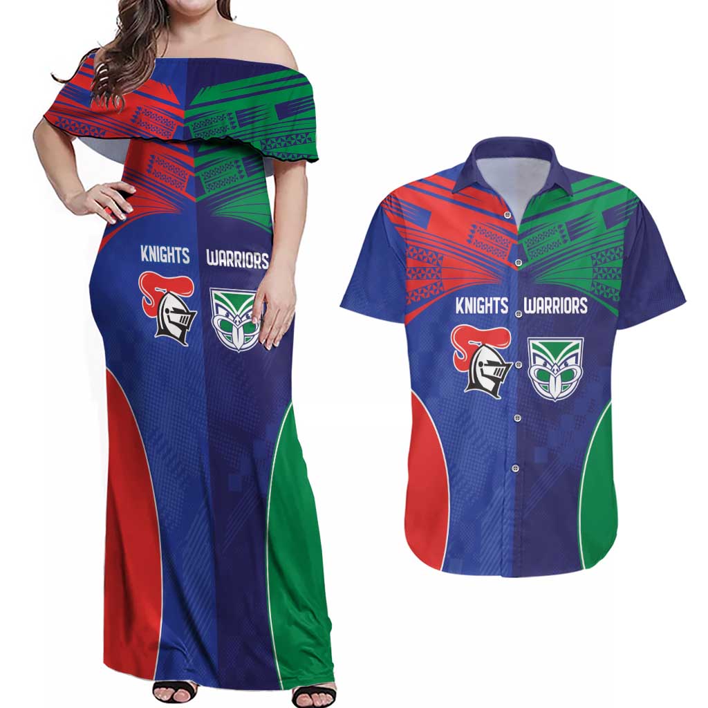 Custom Warriors-Knights Couples Matching Off Shoulder Maxi Dress and Hawaiian Shirt Together Sporty Style