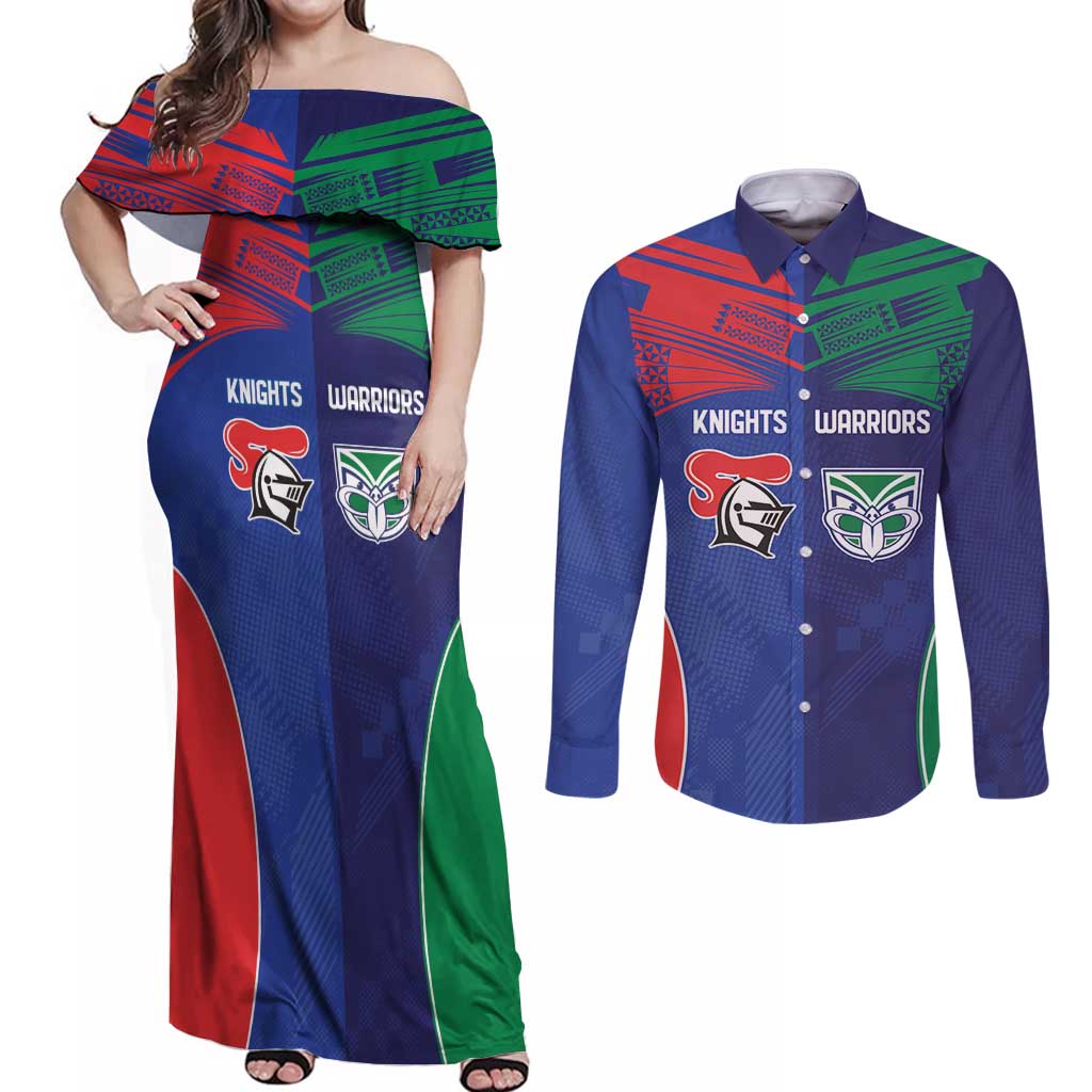 Custom Warriors-Knights Couples Matching Off Shoulder Maxi Dress and Long Sleeve Button Shirt Together Sporty Style
