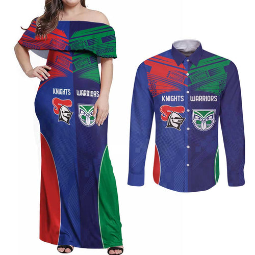 Custom Warriors-Knights Couples Matching Off Shoulder Maxi Dress and Long Sleeve Button Shirt Together Sporty Style