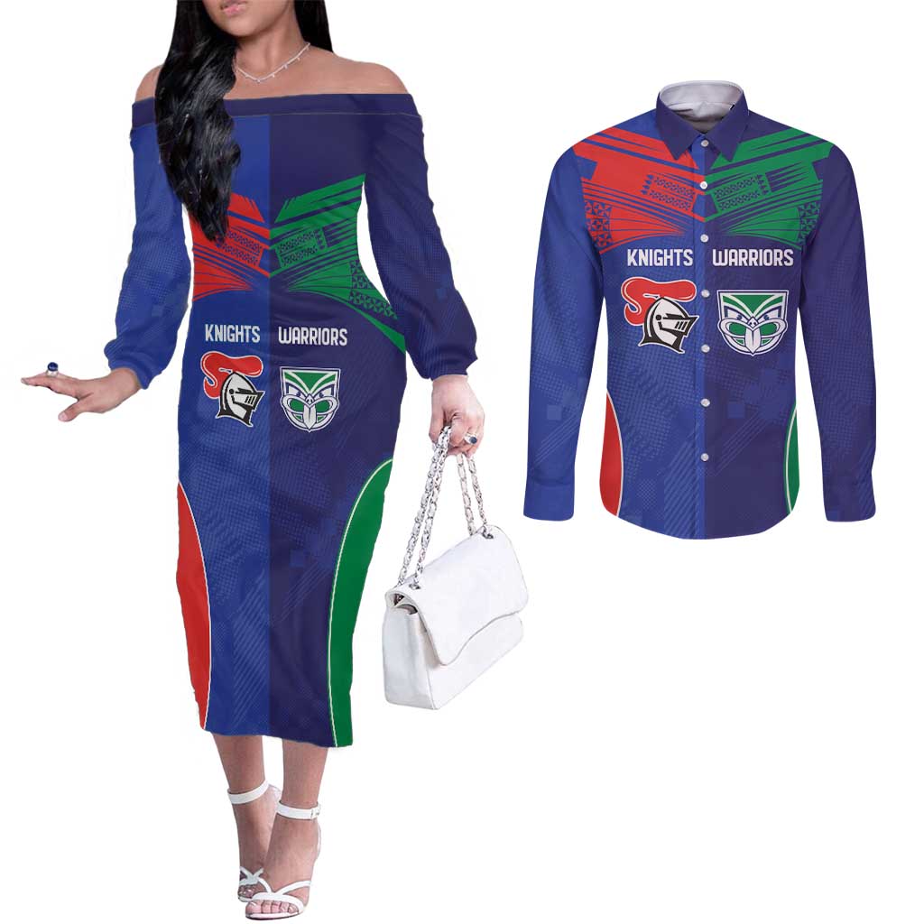 Custom Warriors-Knights Couples Matching Off The Shoulder Long Sleeve Dress and Long Sleeve Button Shirt Together Sporty Style