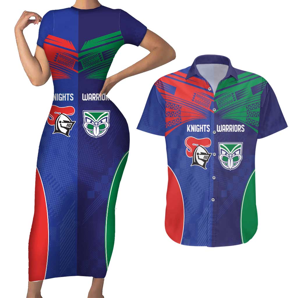 Custom Warriors-Knights Couples Matching Short Sleeve Bodycon Dress and Hawaiian Shirt Together Sporty Style