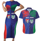 Custom Warriors-Knights Couples Matching Short Sleeve Bodycon Dress and Hawaiian Shirt Together Sporty Style