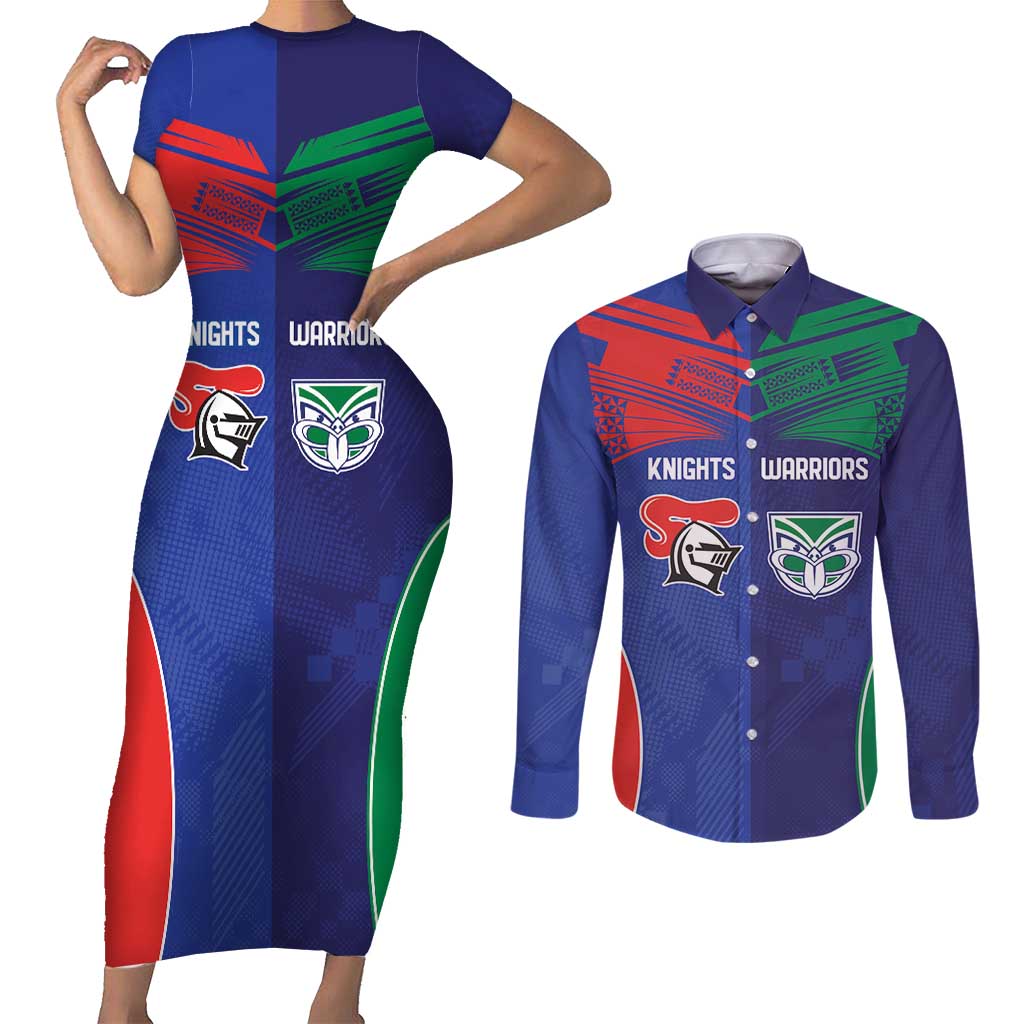 Custom Warriors-Knights Couples Matching Short Sleeve Bodycon Dress and Long Sleeve Button Shirt Together Sporty Style