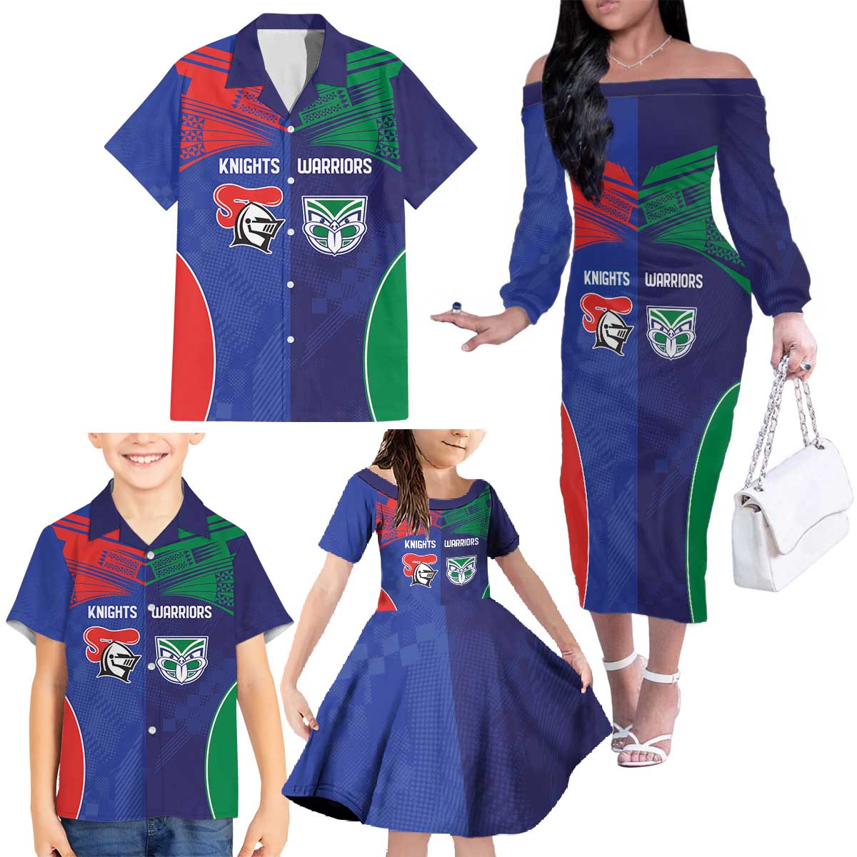 Custom Warriors-Knights Family Matching Off The Shoulder Long Sleeve Dress and Hawaiian Shirt Together Sporty Style