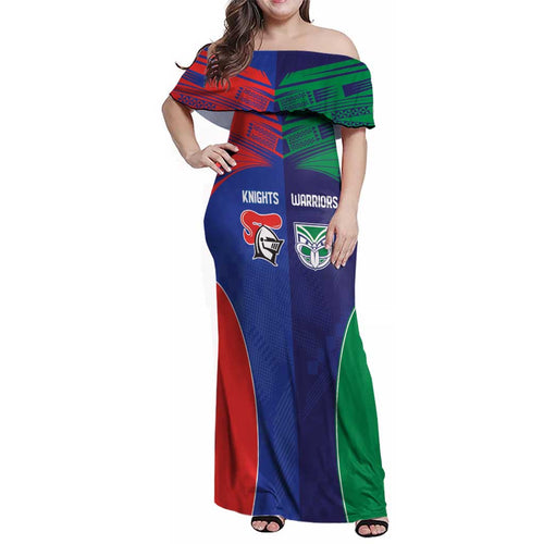 Custom Warriors-Knights Family Matching Off Shoulder Maxi Dress and Hawaiian Shirt Together Sporty Style