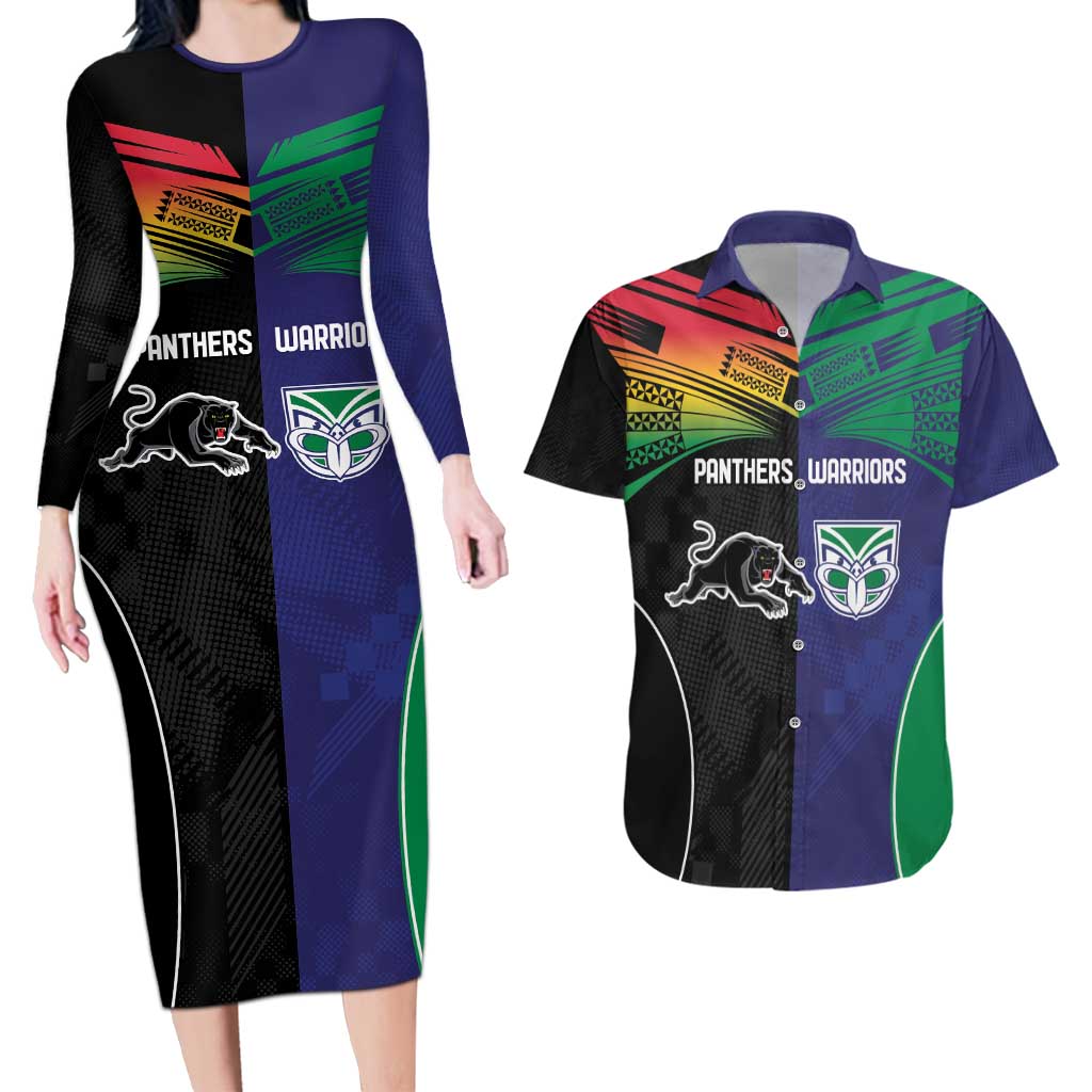 Custom Warriors-Panthers Couples Matching Long Sleeve Bodycon Dress and Hawaiian Shirt Together Sporty Style