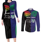 Custom Warriors-Panthers Couples Matching Long Sleeve Bodycon Dress and Long Sleeve Button Shirt Together Sporty Style