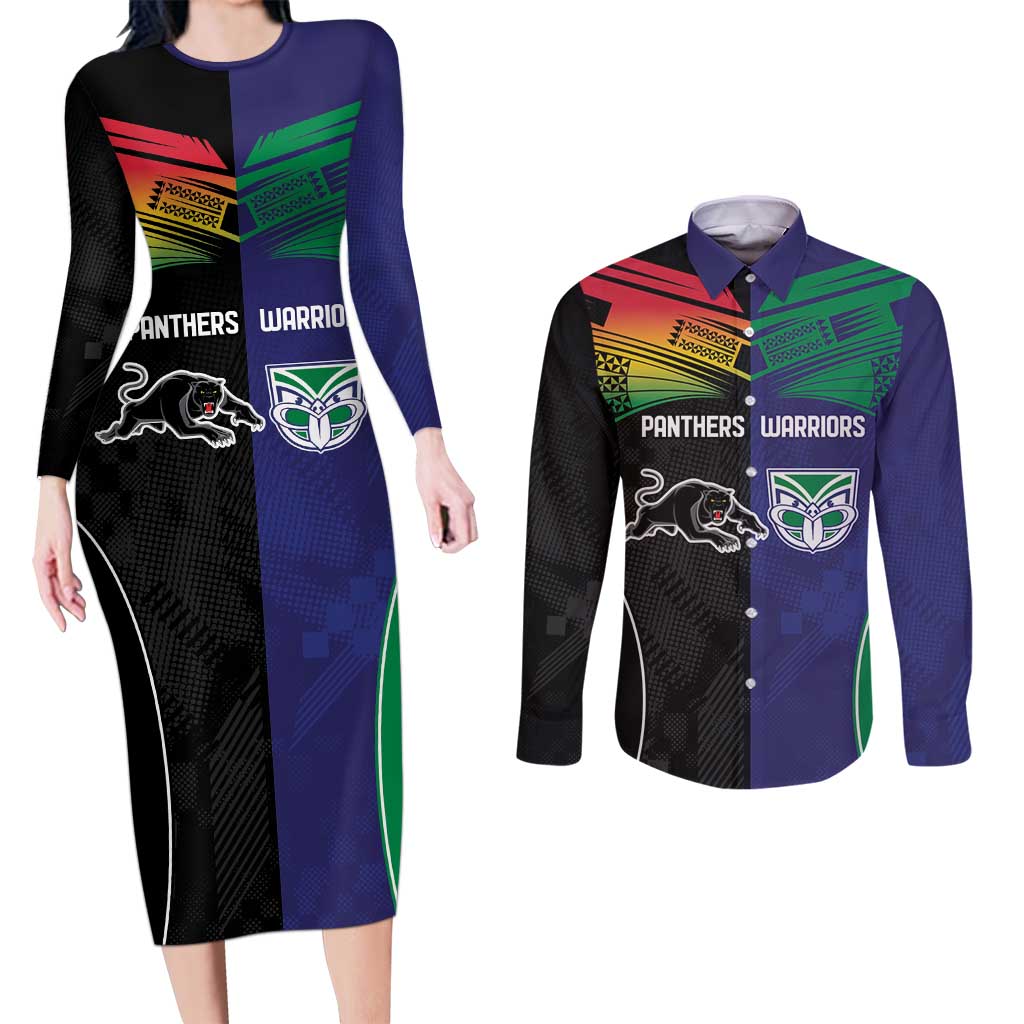 Custom Warriors-Panthers Couples Matching Long Sleeve Bodycon Dress and Long Sleeve Button Shirt Together Sporty Style