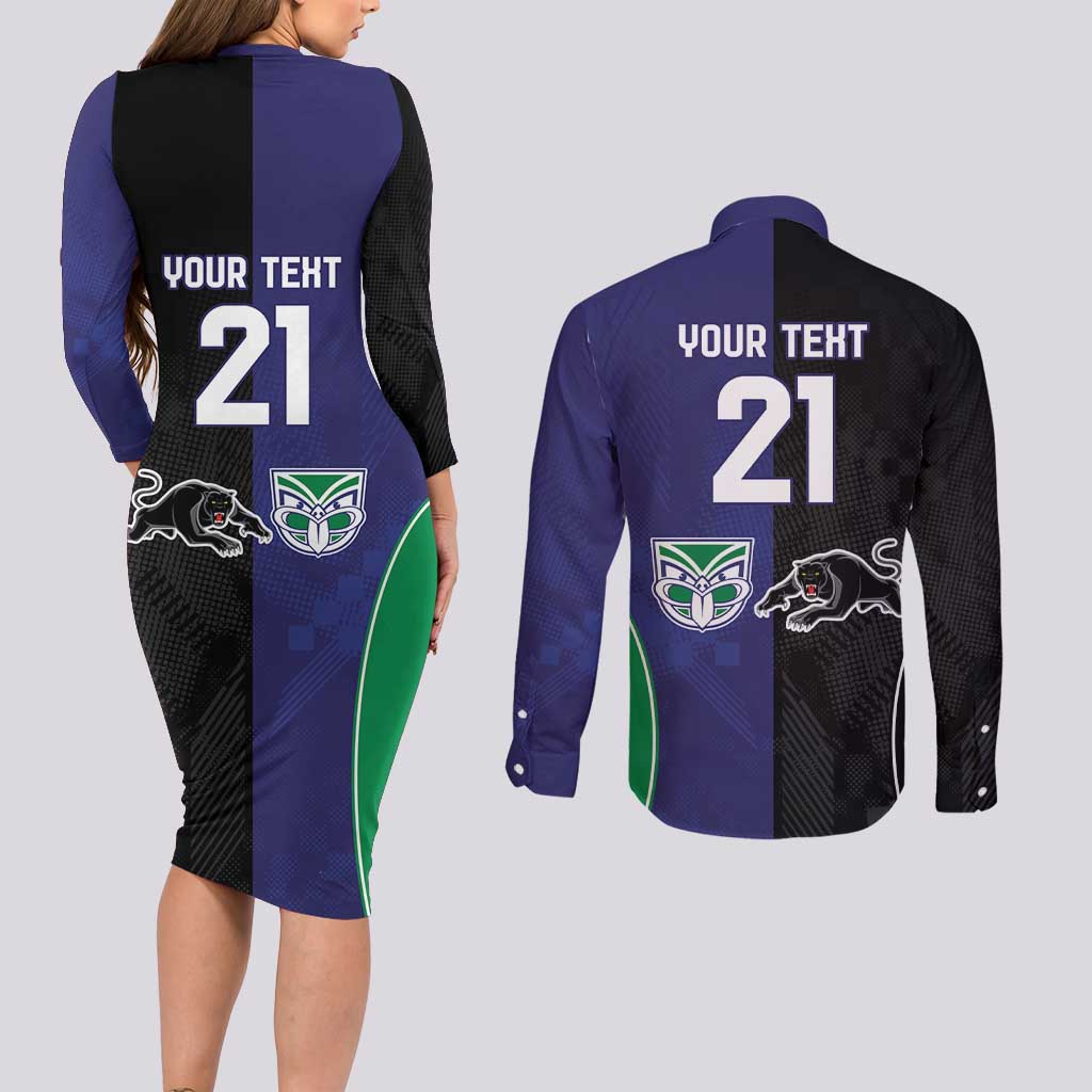 Custom Warriors-Panthers Couples Matching Long Sleeve Bodycon Dress and Long Sleeve Button Shirt Together Sporty Style