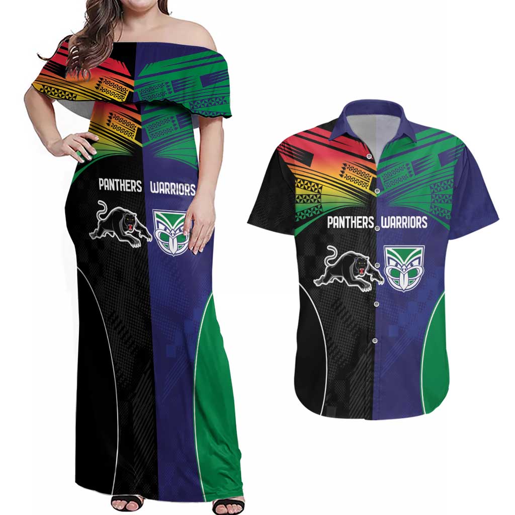 Custom Warriors-Panthers Couples Matching Off Shoulder Maxi Dress and Hawaiian Shirt Together Sporty Style