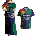 Custom Warriors-Panthers Couples Matching Off Shoulder Maxi Dress and Hawaiian Shirt Together Sporty Style