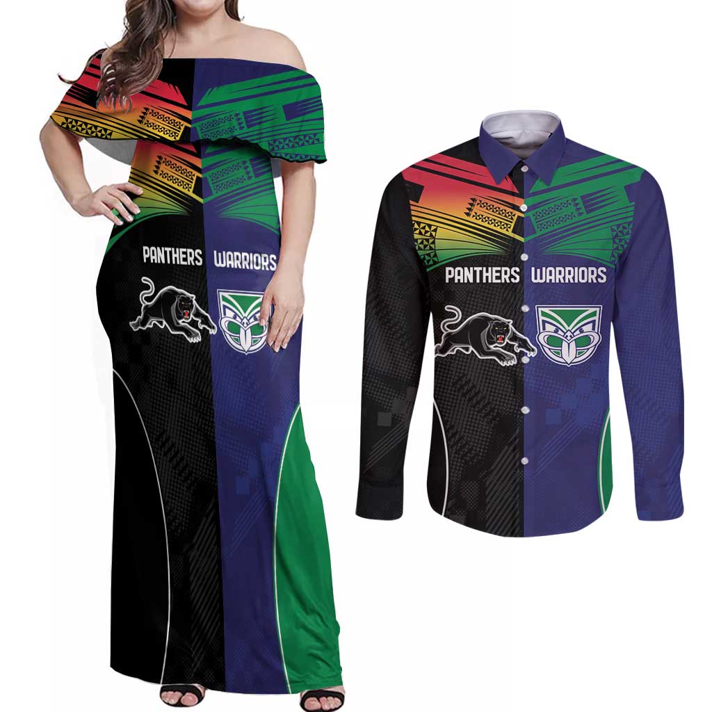Custom Warriors-Panthers Couples Matching Off Shoulder Maxi Dress and Long Sleeve Button Shirt Together Sporty Style