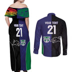Custom Warriors-Panthers Couples Matching Off Shoulder Maxi Dress and Long Sleeve Button Shirt Together Sporty Style