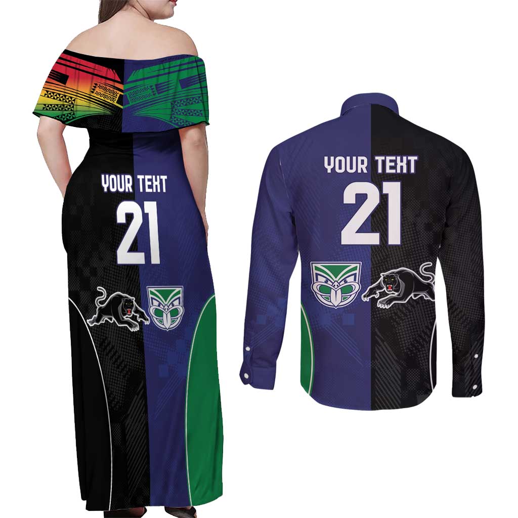 Custom Warriors-Panthers Couples Matching Off Shoulder Maxi Dress and Long Sleeve Button Shirt Together Sporty Style