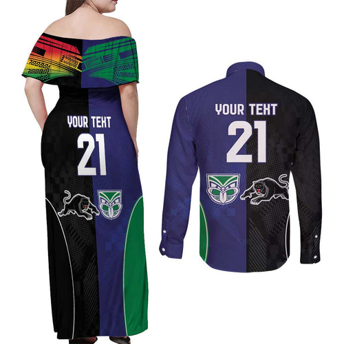 Custom Warriors-Panthers Couples Matching Off Shoulder Maxi Dress and Long Sleeve Button Shirt Together Sporty Style