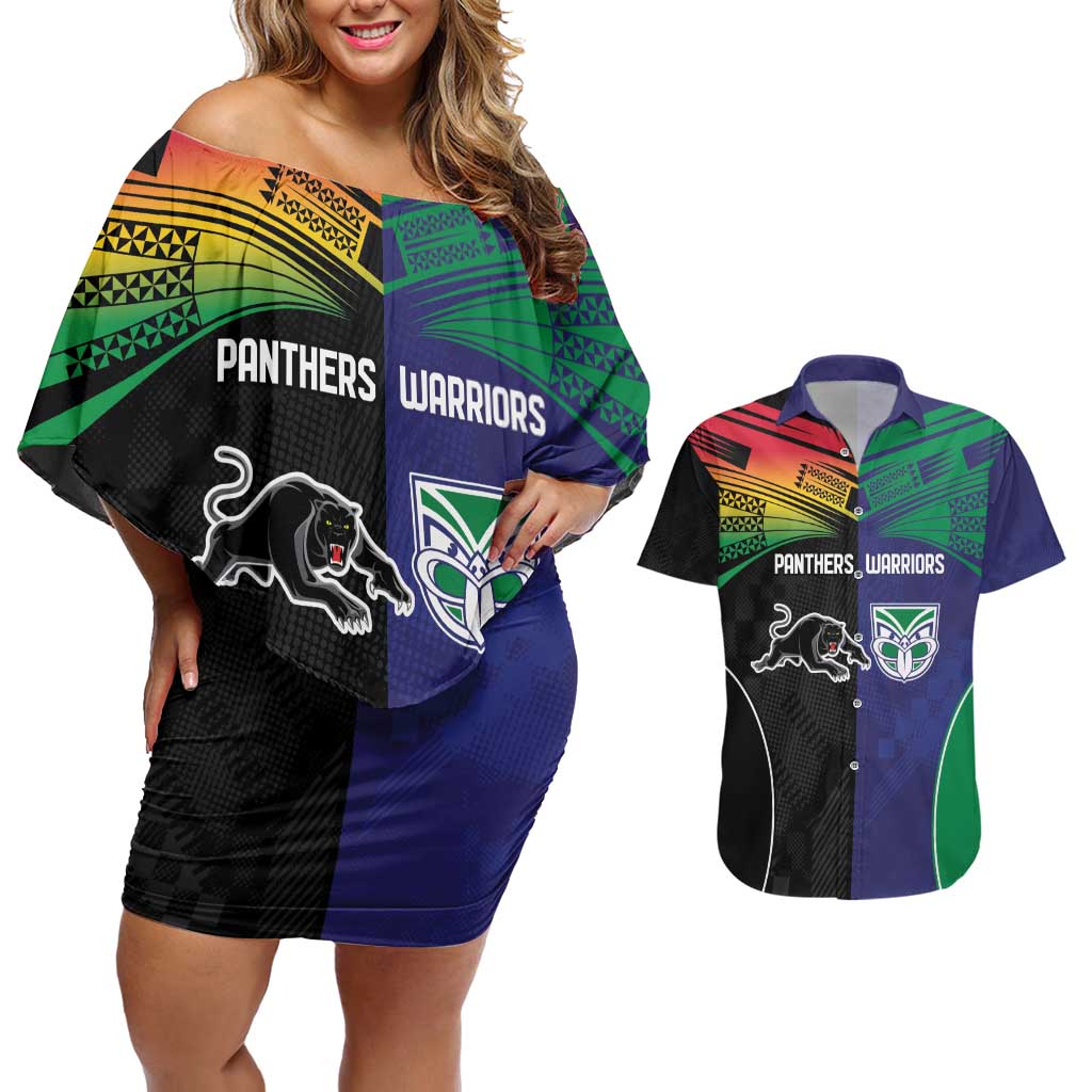 Custom Warriors-Panthers Couples Matching Off Shoulder Short Dress and Hawaiian Shirt Together Sporty Style