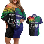 Custom Warriors-Panthers Couples Matching Off Shoulder Short Dress and Hawaiian Shirt Together Sporty Style