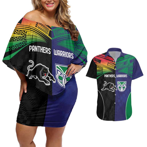 Custom Warriors-Panthers Couples Matching Off Shoulder Short Dress and Hawaiian Shirt Together Sporty Style