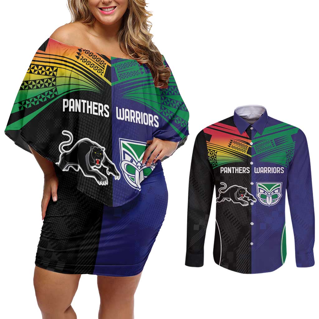 Custom Warriors-Panthers Couples Matching Off Shoulder Short Dress and Long Sleeve Button Shirt Together Sporty Style