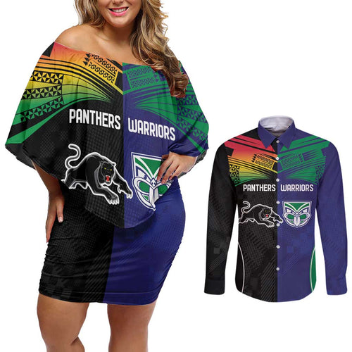 Custom Warriors-Panthers Couples Matching Off Shoulder Short Dress and Long Sleeve Button Shirt Together Sporty Style