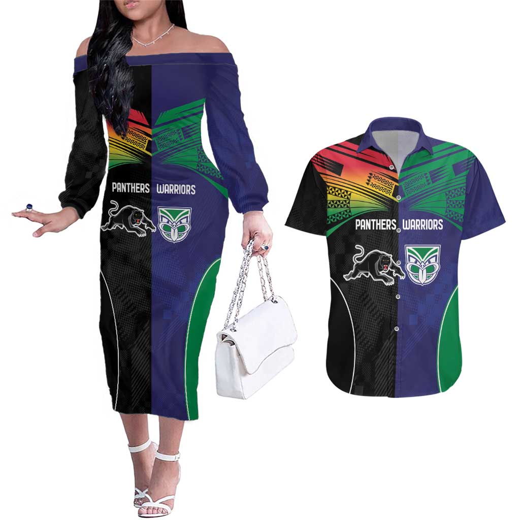 Custom Warriors-Panthers Couples Matching Off The Shoulder Long Sleeve Dress and Hawaiian Shirt Together Sporty Style