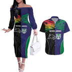 Custom Warriors-Panthers Couples Matching Off The Shoulder Long Sleeve Dress and Hawaiian Shirt Together Sporty Style
