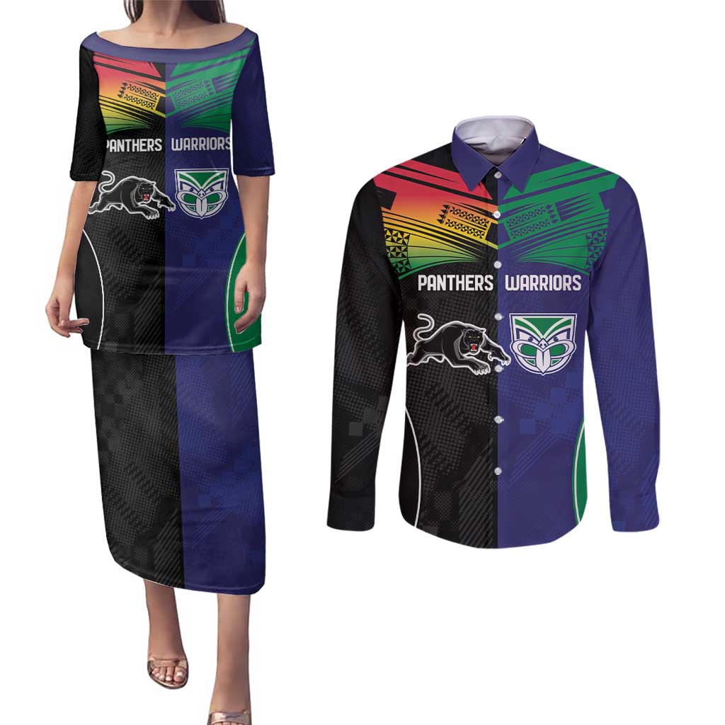 Custom Warriors-Panthers Couples Matching Puletasi and Long Sleeve Button Shirt Together Sporty Style