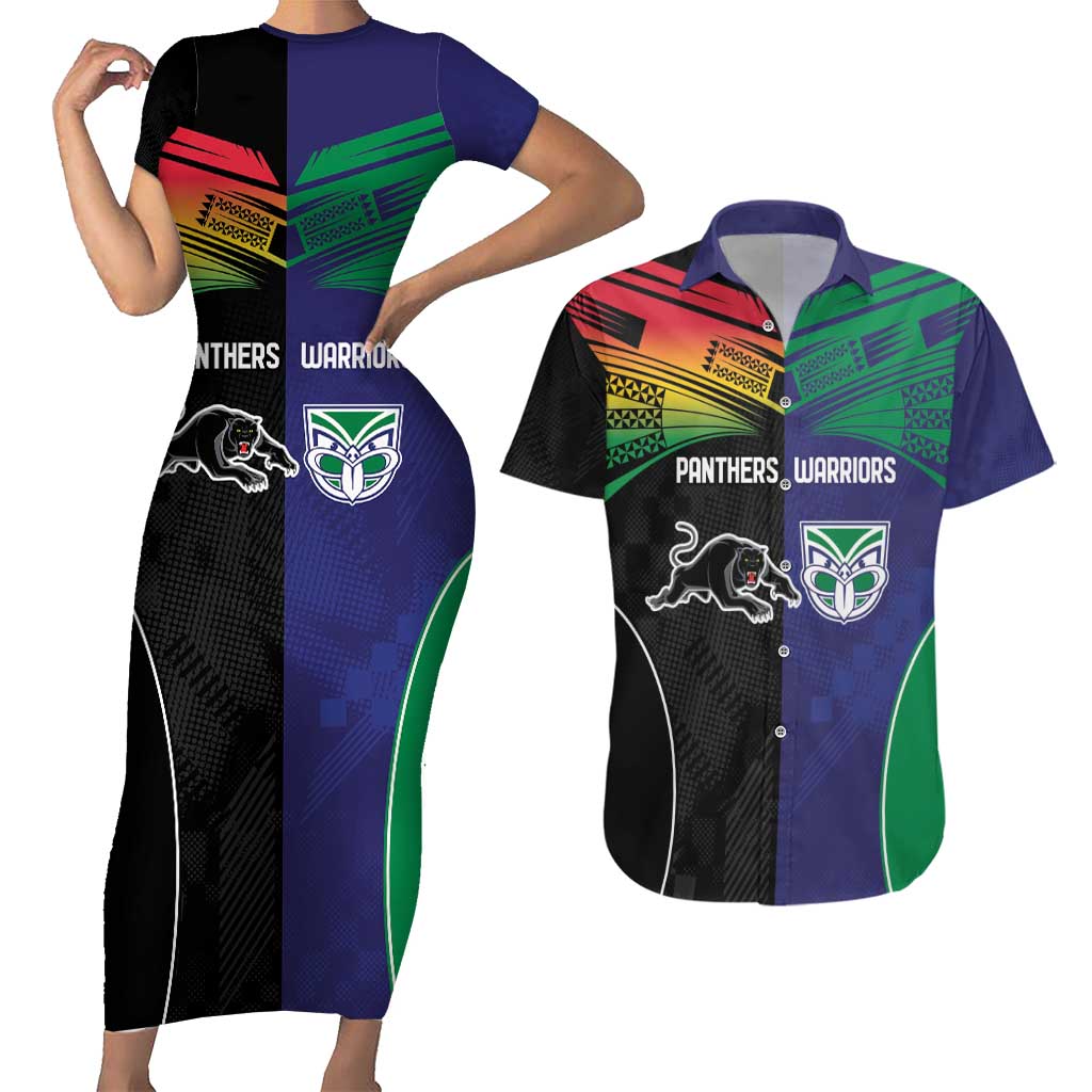 Custom Warriors-Panthers Couples Matching Short Sleeve Bodycon Dress and Hawaiian Shirt Together Sporty Style