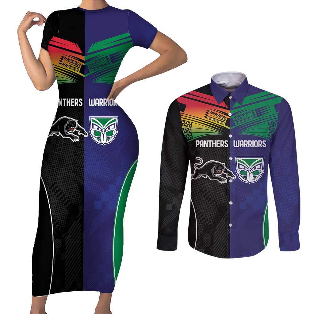Custom Warriors-Panthers Couples Matching Short Sleeve Bodycon Dress and Long Sleeve Button Shirt Together Sporty Style