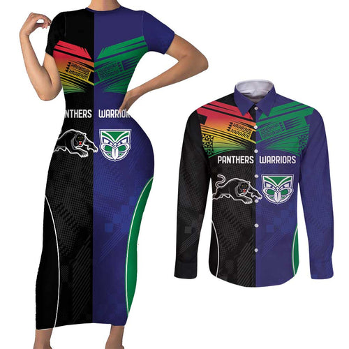 Custom Warriors-Panthers Couples Matching Short Sleeve Bodycon Dress and Long Sleeve Button Shirt Together Sporty Style