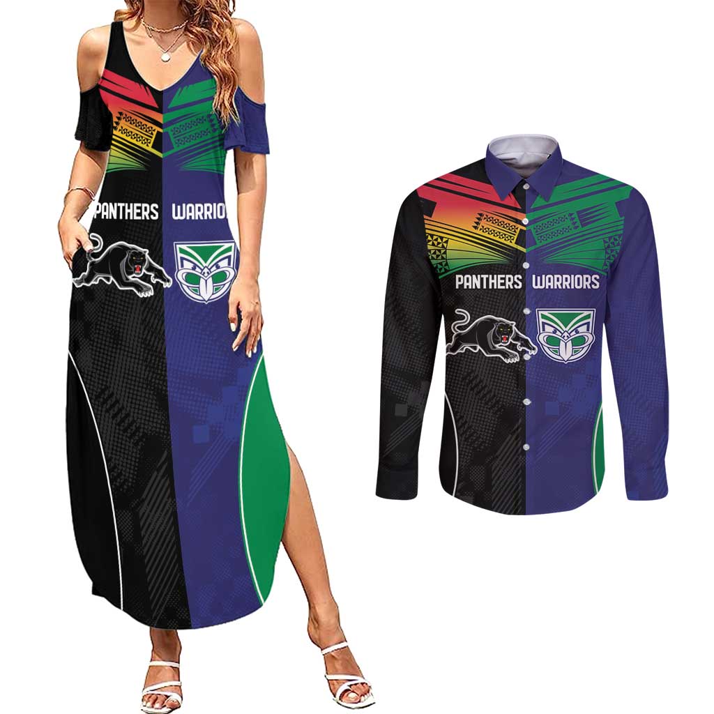 Custom Warriors-Panthers Couples Matching Summer Maxi Dress and Long Sleeve Button Shirt Together Sporty Style