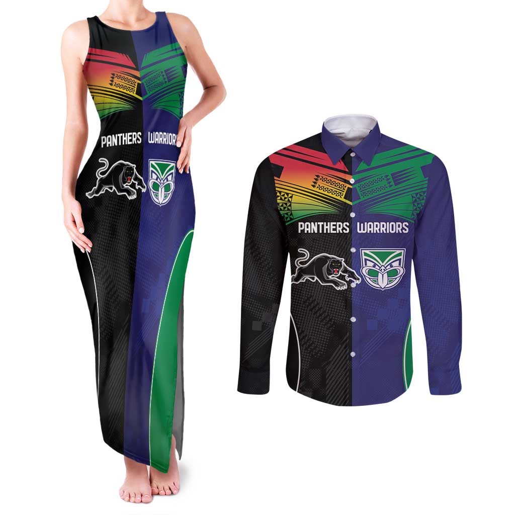 Custom Warriors-Panthers Couples Matching Tank Maxi Dress and Long Sleeve Button Shirt Together Sporty Style