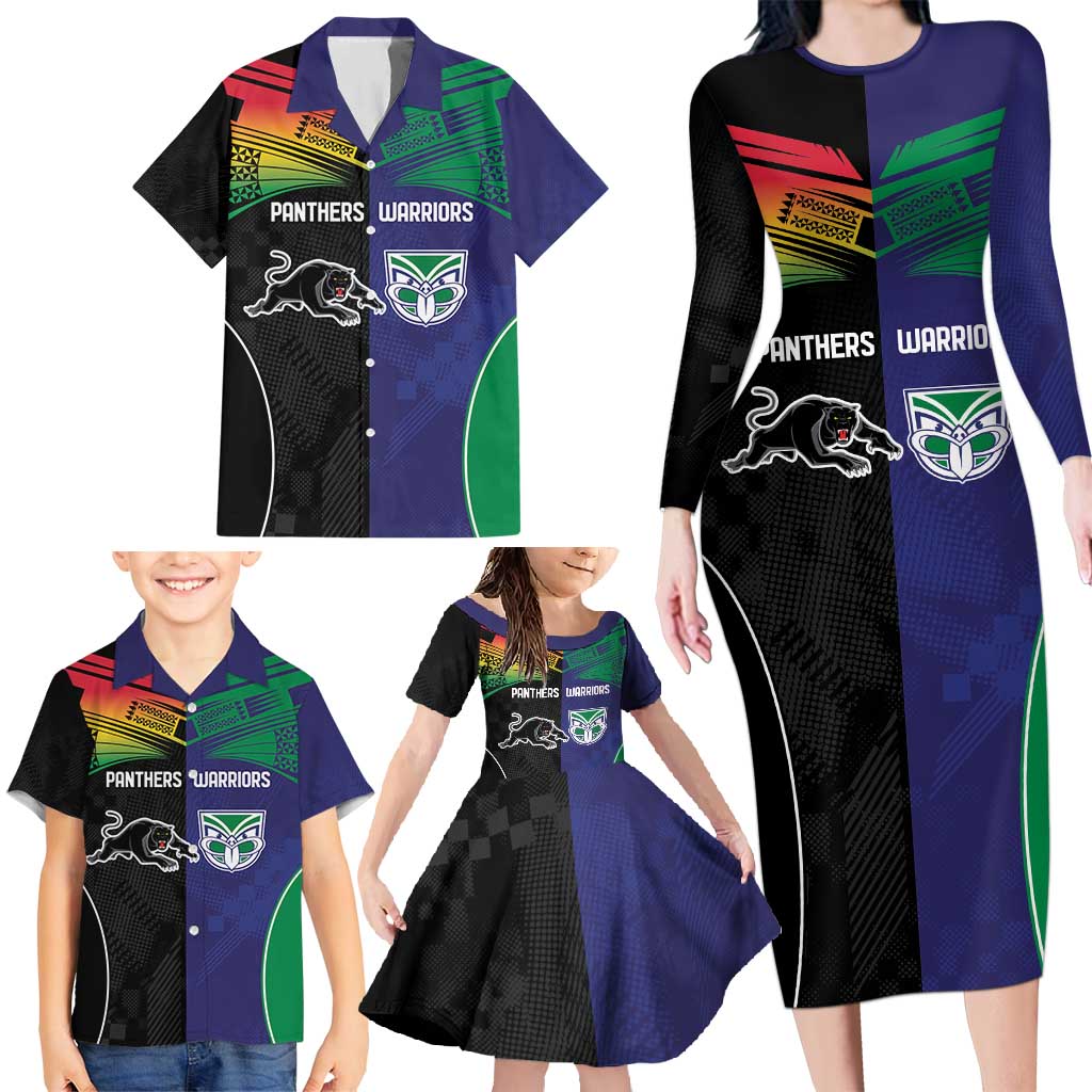 Custom Warriors-Panthers Family Matching Long Sleeve Bodycon Dress and Hawaiian Shirt Together Sporty Style