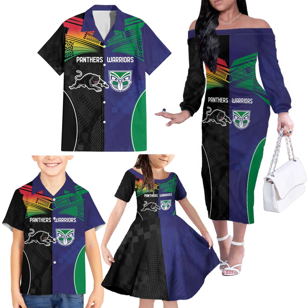 Custom Warriors-Panthers Family Matching Off The Shoulder Long Sleeve Dress and Hawaiian Shirt Together Sporty Style