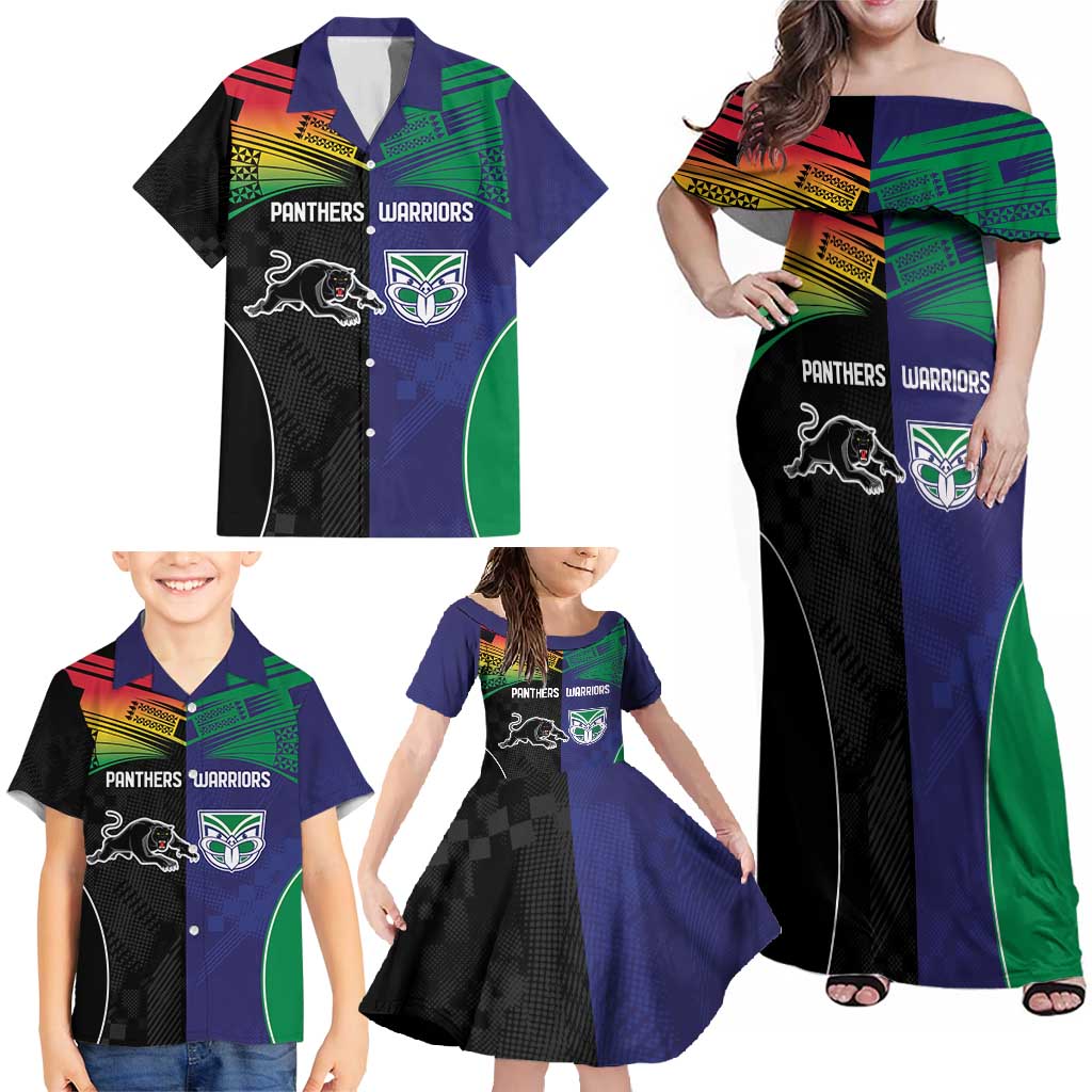 Custom Warriors-Panthers Family Matching Off Shoulder Maxi Dress and Hawaiian Shirt Together Sporty Style