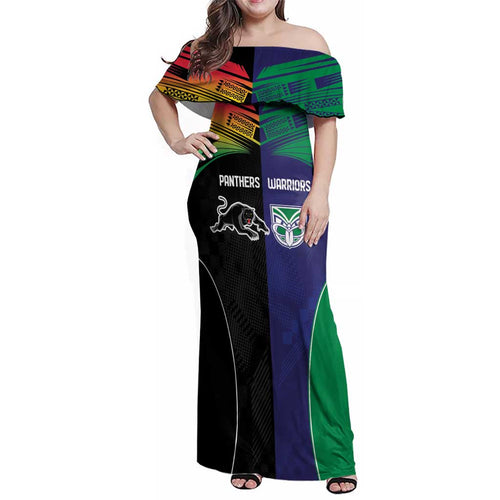 Custom Warriors-Panthers Family Matching Off Shoulder Maxi Dress and Hawaiian Shirt Together Sporty Style