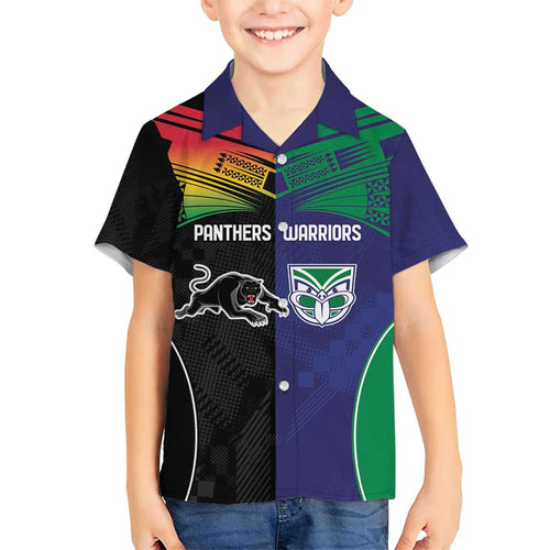 Custom Warriors-Panthers Family Matching Short Sleeve Bodycon Dress and Hawaiian Shirt Together Sporty Style