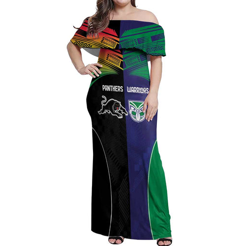 Custom Warriors-Panthers Off Shoulder Maxi Dress Together Sporty Style